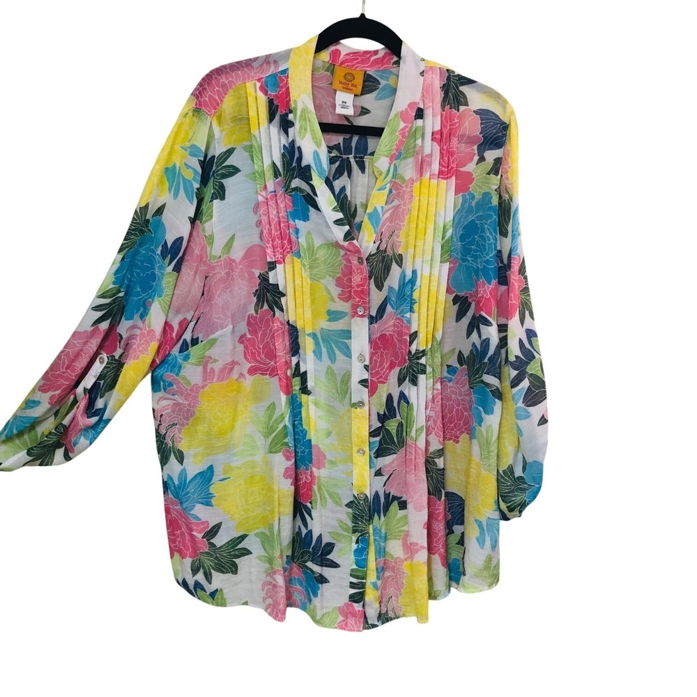 Ruby Rd Floral Pintuck Blouse Pastels Roll Tab‎ Womens 2X Fairy Feminine Beachy